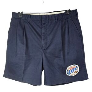 Navy Blue Miller Lite Beer Patch Pleated Work Shorts 35 Vintage USA Made Brewery